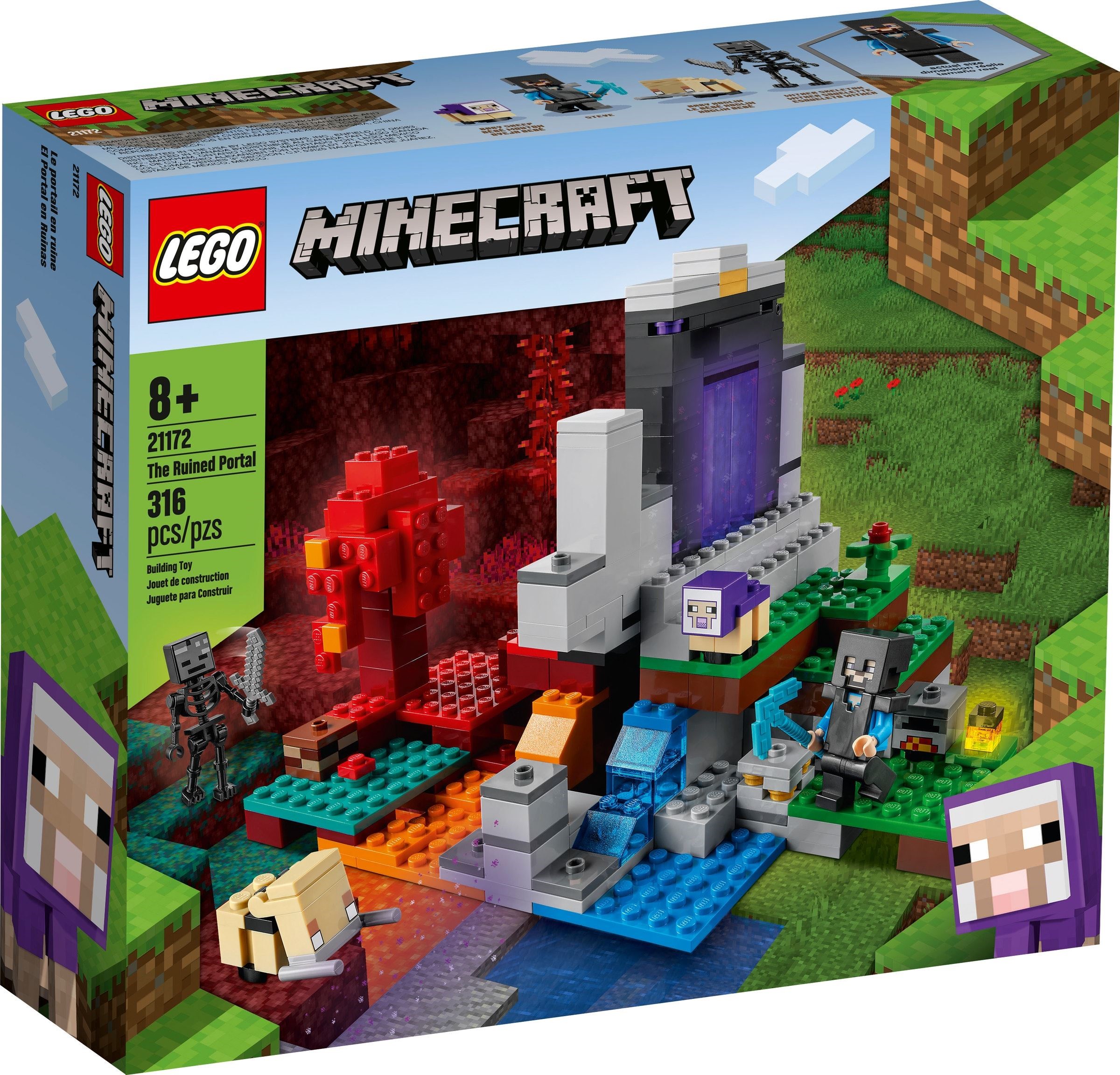 Zdjęcie galerii dla zestawu klocki LEGO Minecraft 21172 Zniszczony portal szkielet steve owca